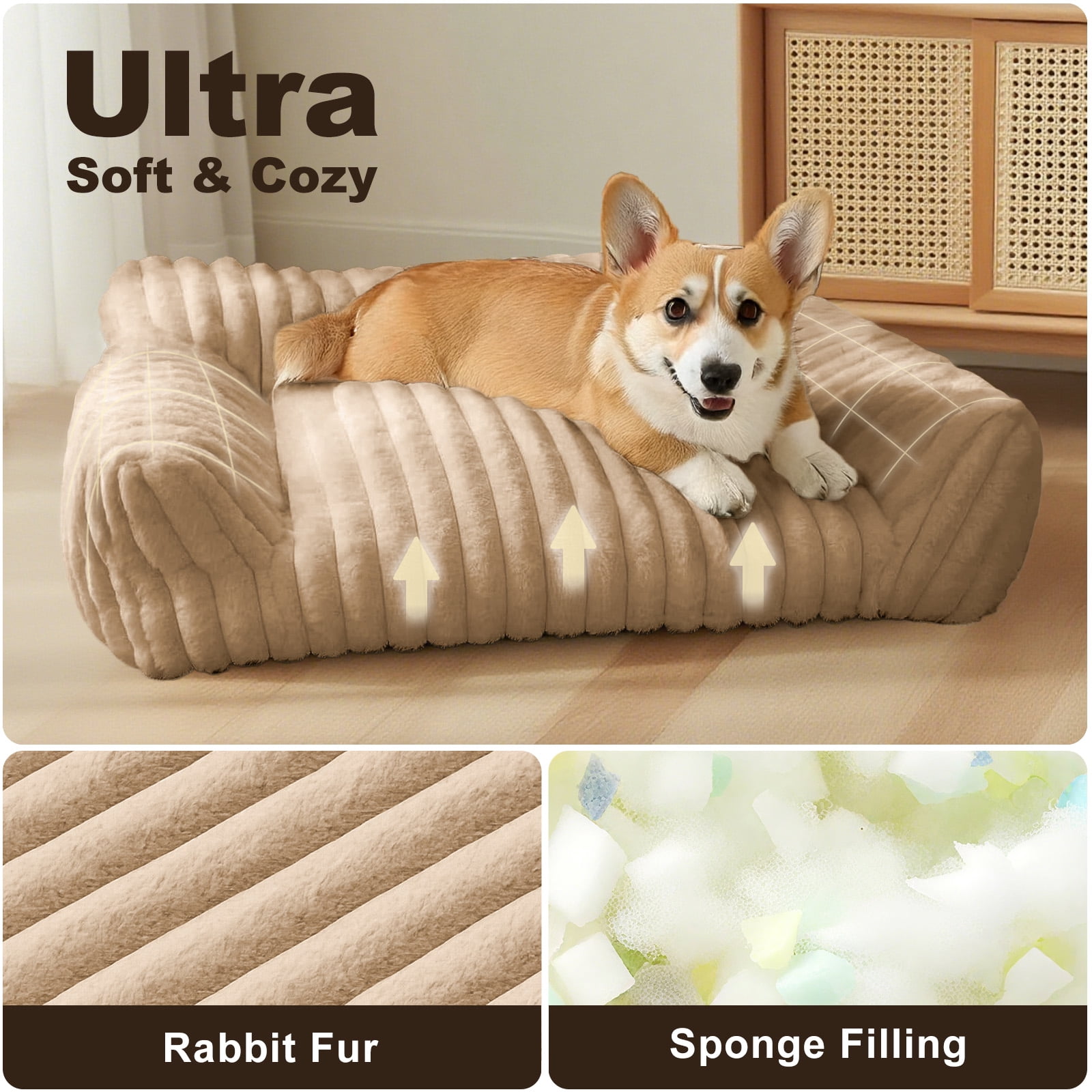 Sanmadrola Cute Cat Bed for Indoor Cats, Couch Bed with Removable Washable,Premium Soft Corduroy Fleece Pet Bed for Small Dog & Cat,Khaki