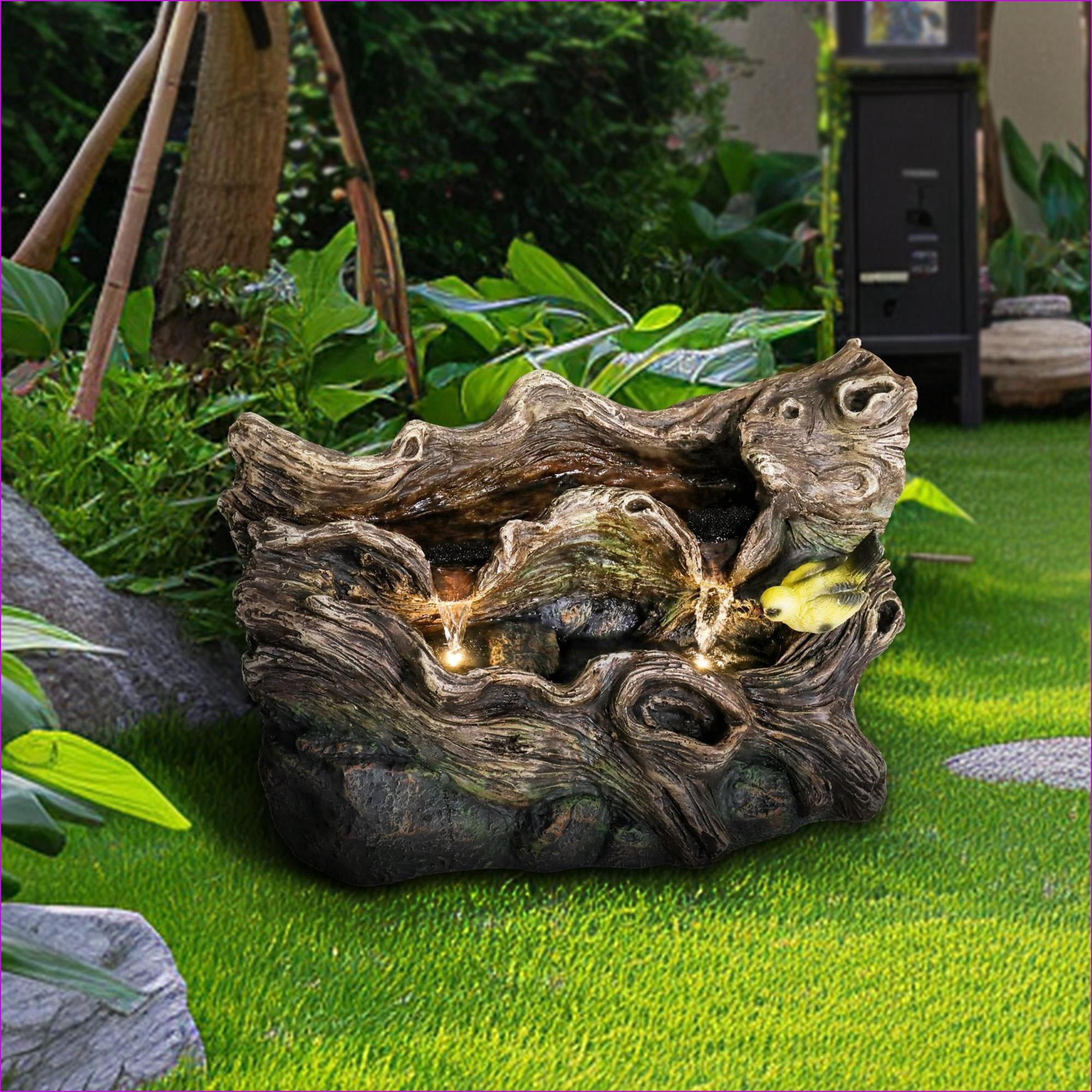 Fountains | 14.1" Rustic Tree Trunk Outdoor Fountain for Garden Patio, Adjustable Pump, No Assembly | Tan Brown | Concrete / Cement