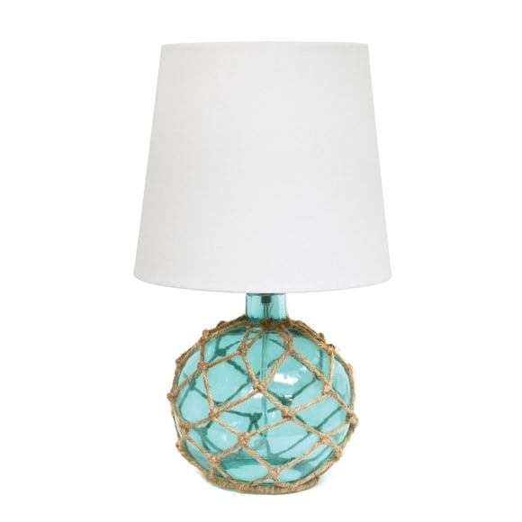 Elegant Designs LT1050-AQ Bouée Corde Nautique Filet Côtier Océan Mer Lampe de Table en Verre avec Abat-Jour en Tissu Blanc, Aqua