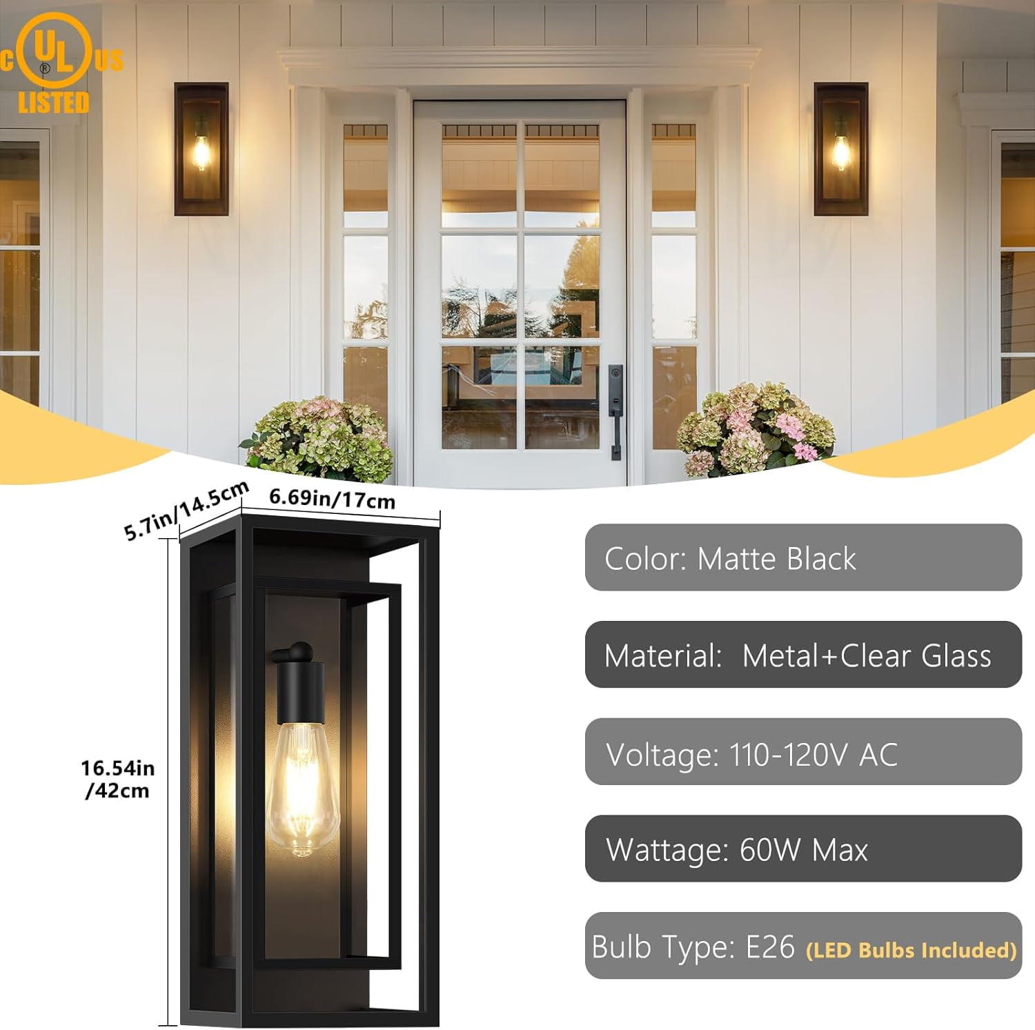 16.5'' Large Outdoor Wall Light Fixtures Porch Wall Lanterns Exterior Waterproof Lanterns Porch Sconces Wall Mounted Lighting with E26 Sockets & Glass Shades