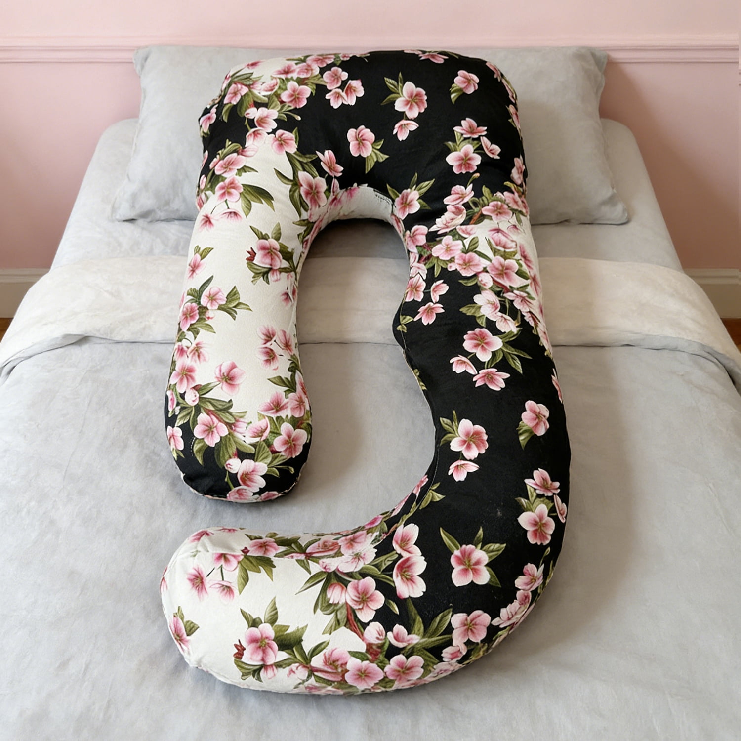 Extra Large J-Shaped Pregnancy Pillow, Black Floral - Ultimate Body Support for Side Sleepers & Maternity Relief