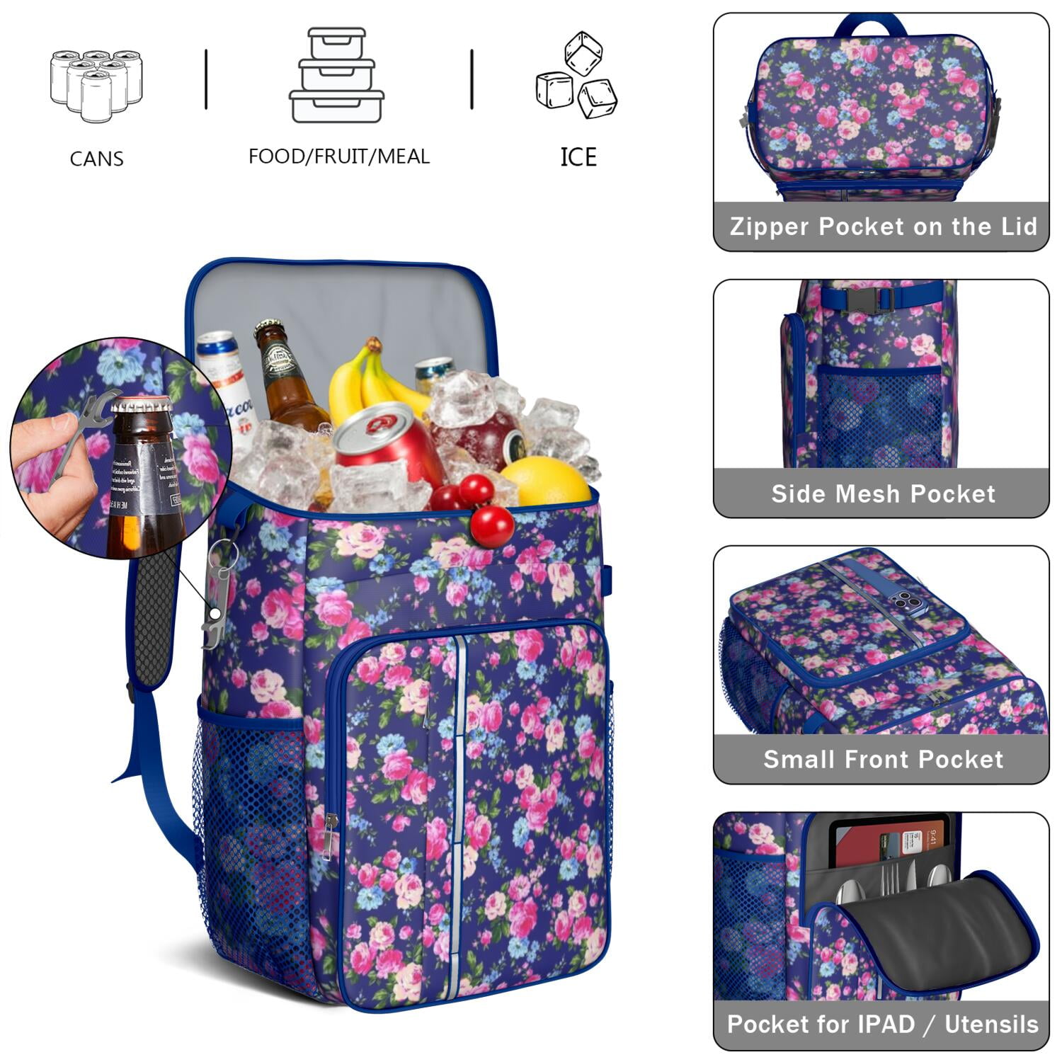 Travel Cooler Bag - Pioneer Flower Floral Print Pattern Camping Beer Cooler Backpack with Bottle Opener- Waterproof Insulated Picnic Backpacks - Cooler Bag for Beach