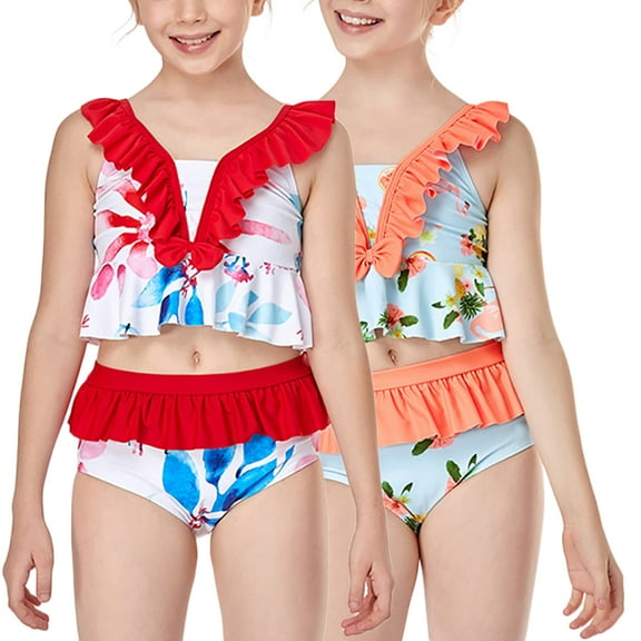 Little & Big Girls Butterfly Ruffles Two Pieces Crop Bikini Set Swimsuit Flounce Swimwear