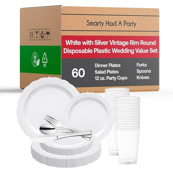 Elegant Plastic Plates, Disposable Dinnerware Sets, Plastic Dinner Plates, Disposable Plates for Party, Disposable Plastic Plates, Party Plates (White with Silver, Wedding Value Set (60 Guests))