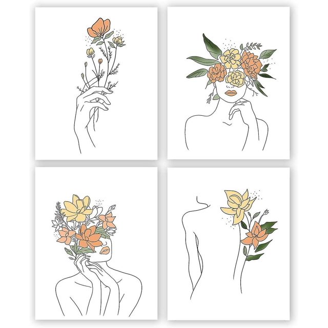 Póster de arte lineal abstracto, impresiones minimalistas de arte de pared para niñas, mujeres, dormitorio, 4 piezas, dibujo de cara de mujer, pintura en lienzo sin marco, habitaci