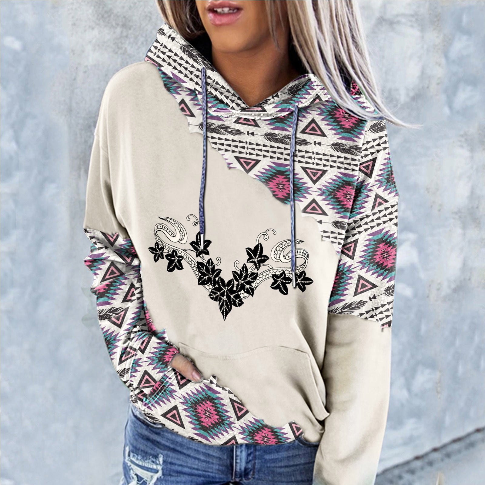 Drawstring Sweatshirt Western Ethnic 