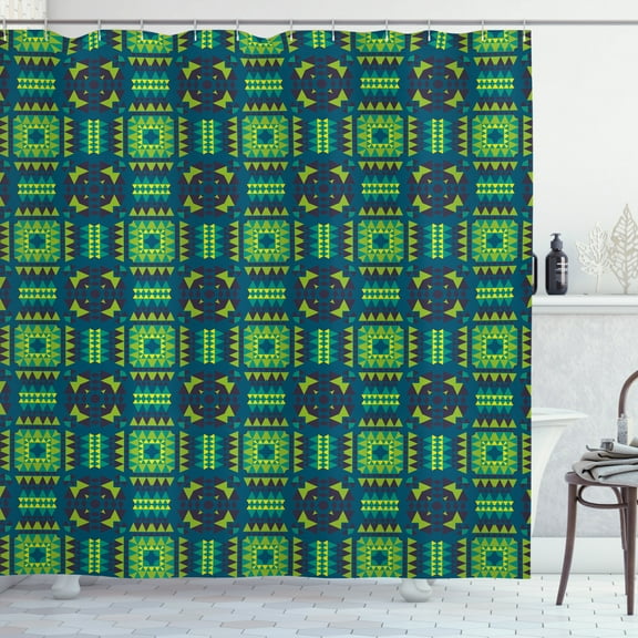 Ambesonne Abstract Shower Curtain, Tribal Geometric Pattern, 69"Wx75"L, Green and Petrol Blue