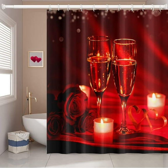 72x72 Inch Happy Valentine''s Day Themed Shower Curtain Red Rose Champagne Candles Holiday Celebrate for Bathroom Decor Waterproof Fabric Polyester Shower Curtain Sets with Hooks