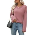 thumbnail image 2 of Women Long Sleeve Striped Waffle Knit Tops Fall Winter V Neck Casual Fashion Shirts Brown S, 2 of 9