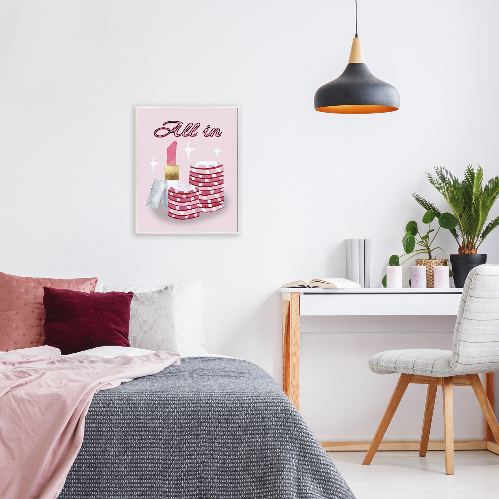 All In Poker Chips & Lipstick White Framed Giclee Art, design by Nina Jacobs