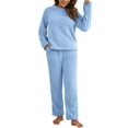 thumbnail image 1 of Innerwin Ensemble de Pyjama en Polaire pour Femmes, Couleur Unie, Col Rond, Chaud, Sherpa, Bleu L, 1 of 4
