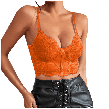 Fulorrnie Bras for Women Lift Wirefree Supportive Comfort Balconette Lace Stretchable Spaghetti Straps Bra Orange L