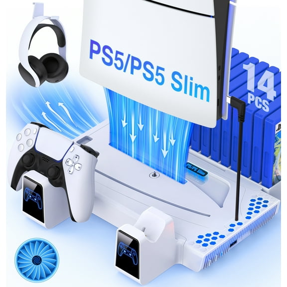 PS5 Stand Cooling Station for PS5 Slim, EUROA PS5 Accessories with Dual Controllers Charging Station for PS5 Disc & Digital Editions Console