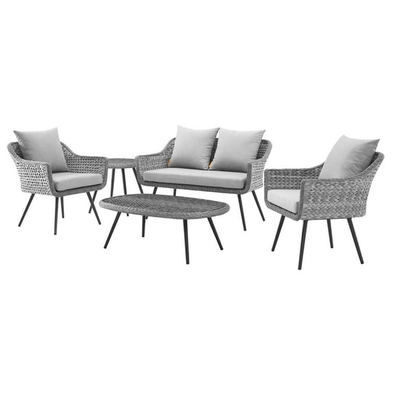 Contemporary Modern Urban Designer Outdoor Patio Balcony Garden Furniture Lounge Sofa, Chair and Coffee Table Set, Aluminum Fabric Wicker Rattan, Grey Gray
