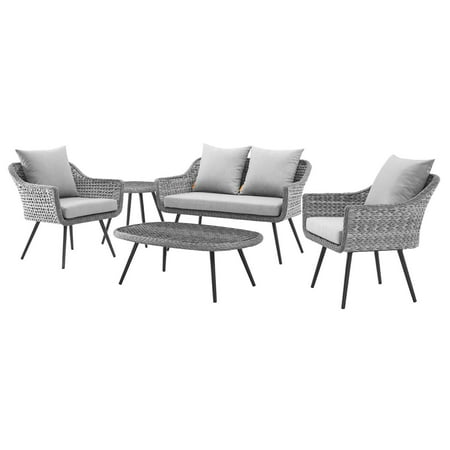 Contemporary Modern Urban Designer Outdoor Patio Balcony Garden Furniture Lounge Sofa, Chair and Coffee Table Set, Aluminum Fabric Wicker Rattan, Grey Gray