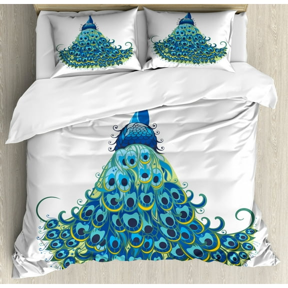 Peacock Duvet Cover Set Twin Size, Peacock Illustration Floral Classical Curvy Design Tropics Wildlife Theme, Decorative 2 Piece Bedding Set with 1 Pillow Sham, Teal White, by Ambesonne