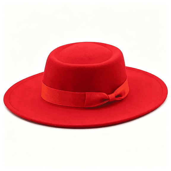 OQRKI Wide Brimmed Fedora Hats with Bow Belted, Flat Top British Style Vintage Panama Felt Cap, Flat Brimmed Jazz Hat Wide Brimmed Fedora Hats with Bow Belted Red Fedora Hats for Women