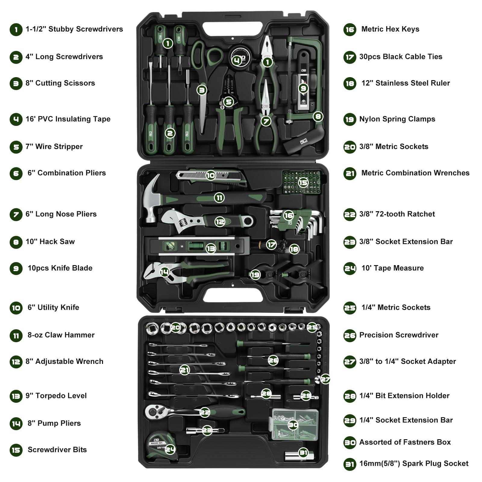 269-piece Tool Set  Complete Kit For Home Auto And Mechanics Repair General Household Hand Box With Drawer Men & Women (green)