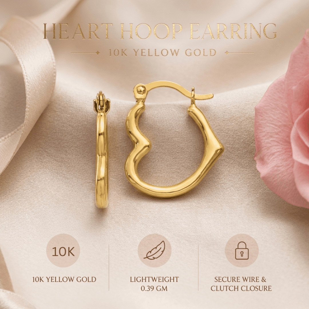 Fine Color Jewels Gold Hoop Earrings for Women 10K Yellow Gold Heart Shaped Wire & Clutch Closure