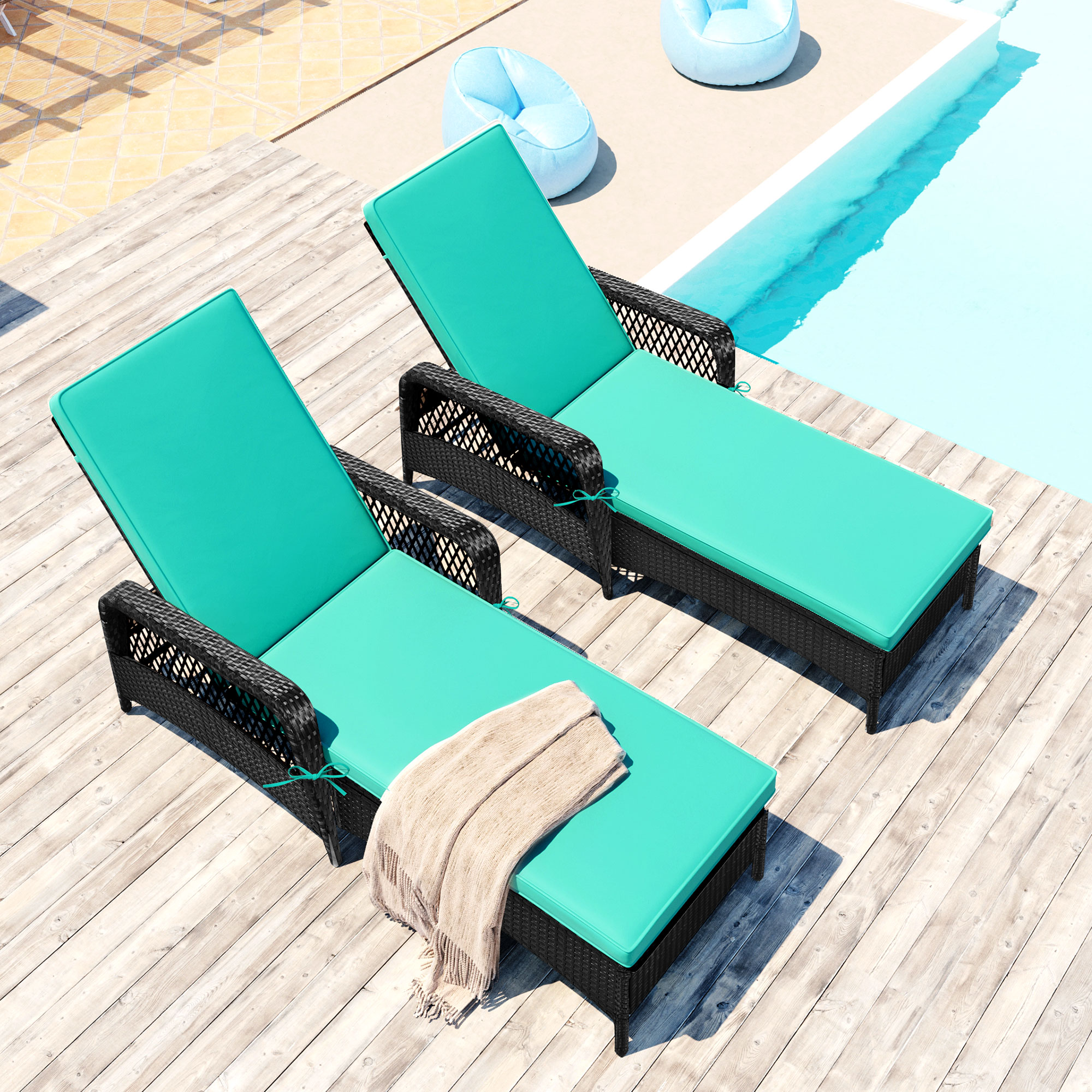 Patio Lounge Chairs Set of 2, Outdoor Chaise Lounges Chairs with 6 Backrest Angles, and Removable Cushions, PE Rattan Backrest Lounger Chairs Set for Pool Porch Backyard Patio, K2693 - image 3 of 10