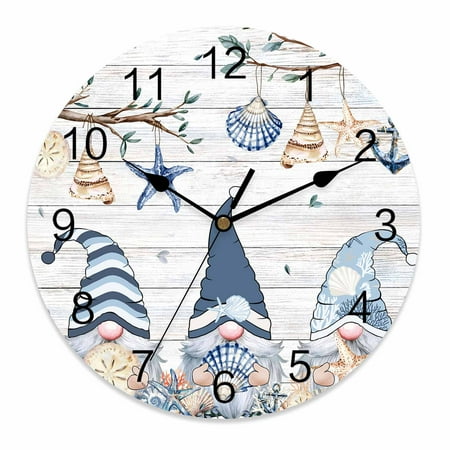 Wall Clock 10 Inch Retro Coastal Round Silent Decorative Wall Clocks Battery Operated for Living Room Bedroom Kitchen Classroom Decor, Gnome Shell Starfish Blue Ivory,Small