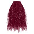 thumbnail image 2 of Women's Asymmetrical Skirt with Star Print, Sequin Embellished Puff Tulle Hemline, Elastic Waist Party Skirt for Festivals, Concerts and Special Occasions,Wine,M, 2 of 6