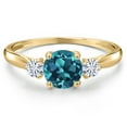 thumbnail image 3 of Gem Stone King 10K Yellow Gold London Blue Topaz and White Moissanite 3-Stone Ring for Women | 1.30 Cttw | Round 6MM | Gemstone November Birthstone | Size 8, 3 of 6
