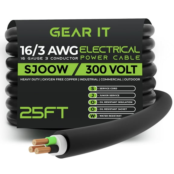 GearIT 16/3 16 AWG Portable Power Cable (25 Feet - 3 Conductor) SJOOW 300V 16 Gauge Electric Wire for Motor Leads, Portable lights, Battery Chargers, Stage Lights and Machinery -25ft Electrical Cord