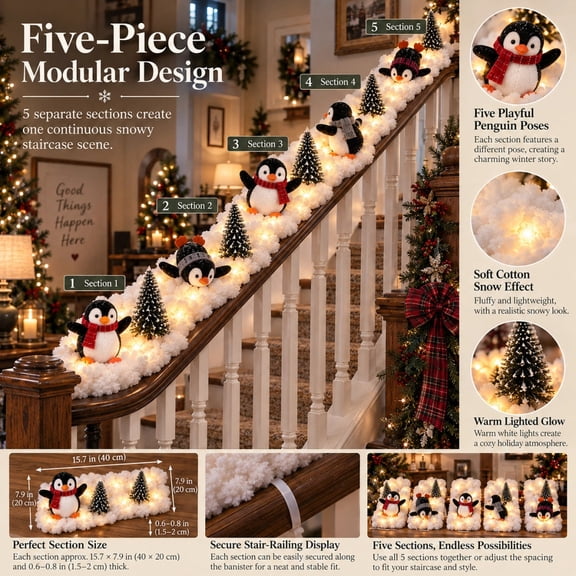 SUMDUINO Penguin Christmas Stair Snow Decor Snow Garland with Warm LED Lights Stair Railing Banister Decoration for Indoor Holiday