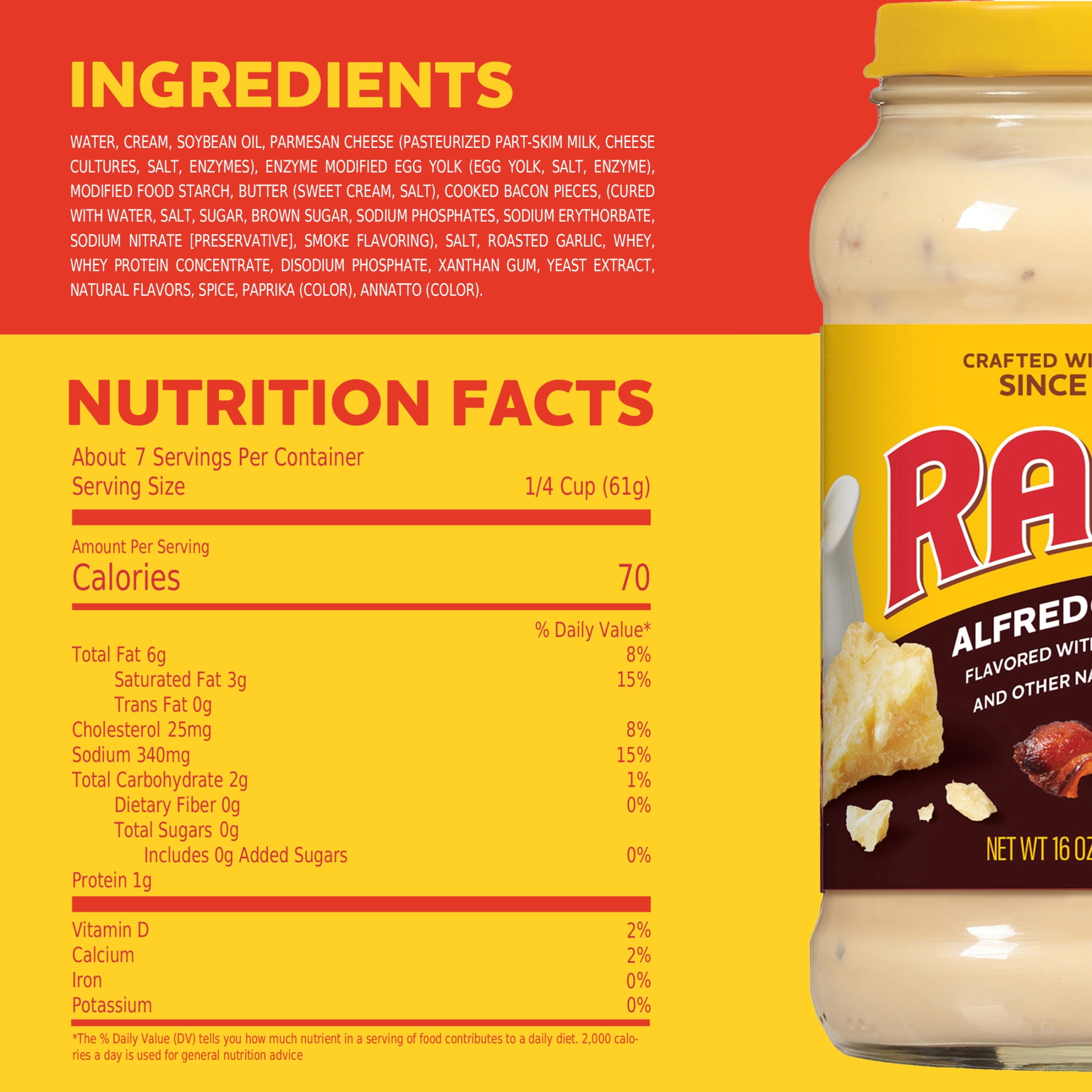 (3 pack) Ragu Alfredo Bacon Pasta Sauce, Real Cheese & Real Bacon Bits, Zero Sugar, 16 oz