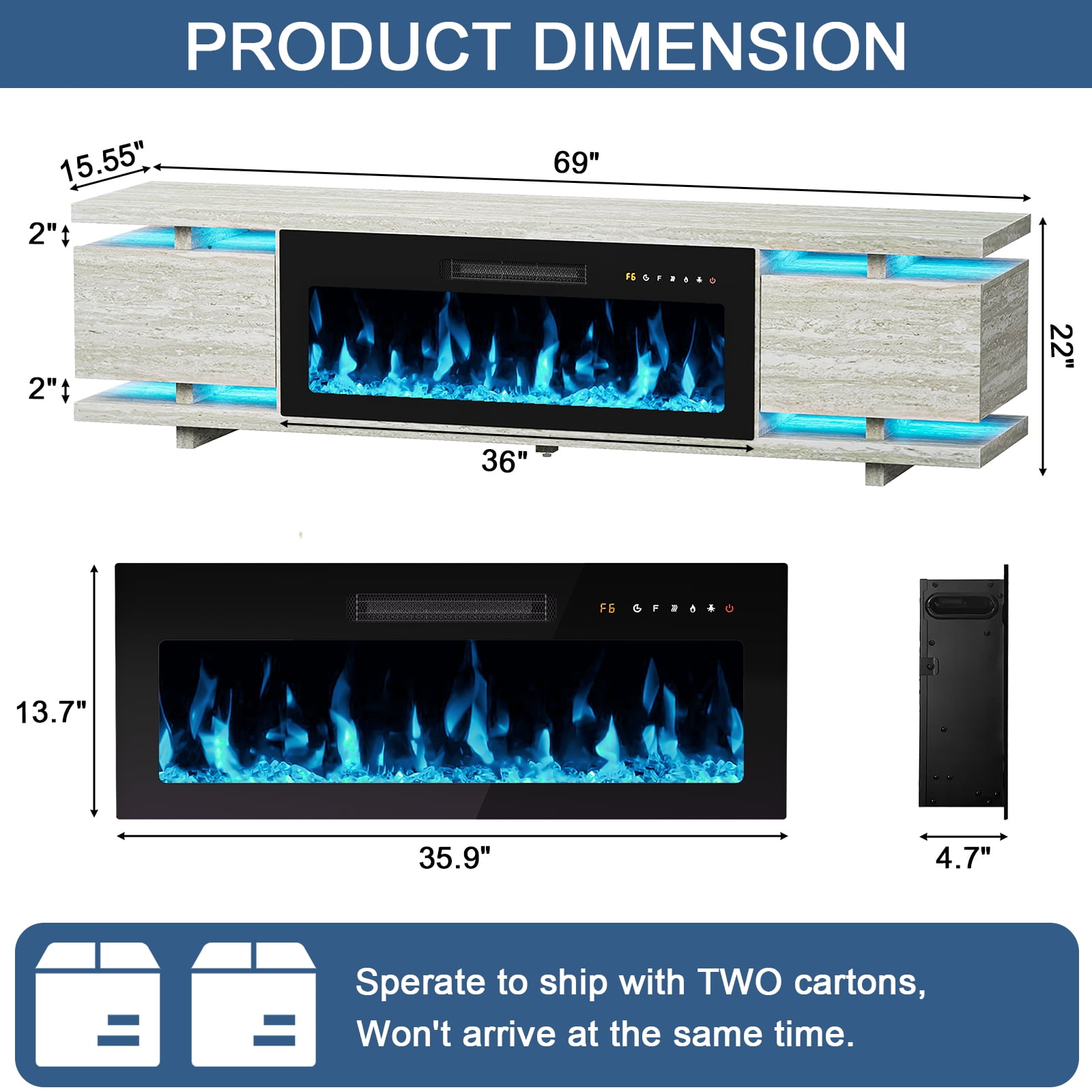 FAGAGA 69" Electric Fireplace TV Stands for TVs up to 80", LED Lights and Remote Control,Travertine