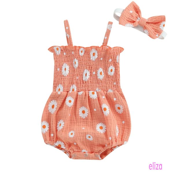 Eliza-0-18 Meses Recién Nacido Niña Sin Mangas Plisado Estampado De Flores Mameluco Con Lazo Diadema Ropa De Verano