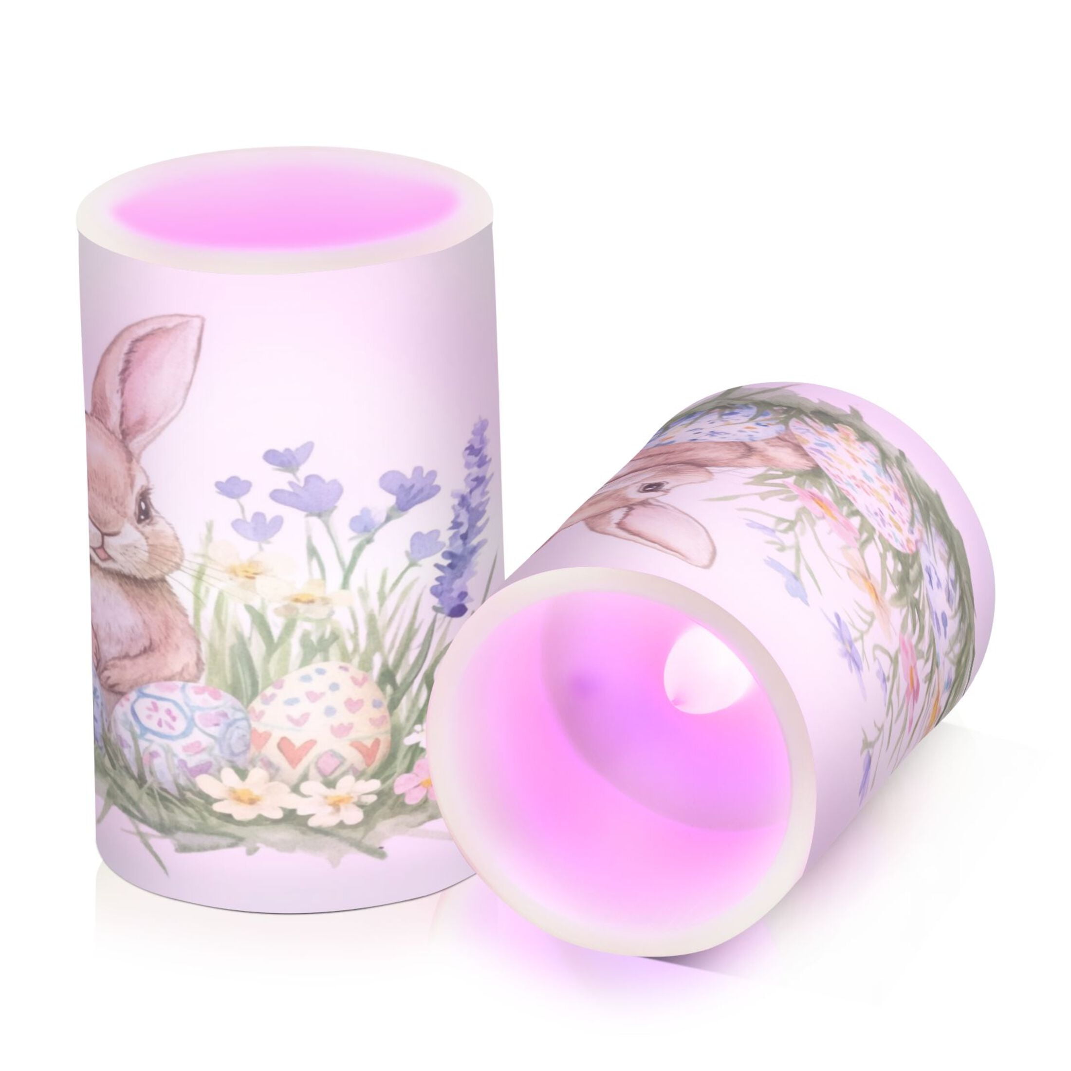 2 PCS Flameless Candles with Remote Timer LED Battery Operated Flickering Candle Light for Wedding Table Home Decoration Gifts Watercolor Easter Bunny Pattern