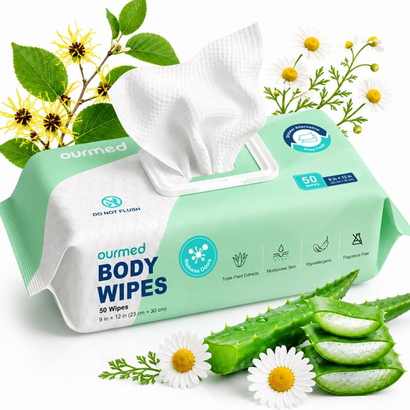 Ourmed No Rinse Body Wipes, 50Ct, 9 x 12 in Extra Large Thick Unscented Bath Wipes, Gentle Skin Cleansing Cloths