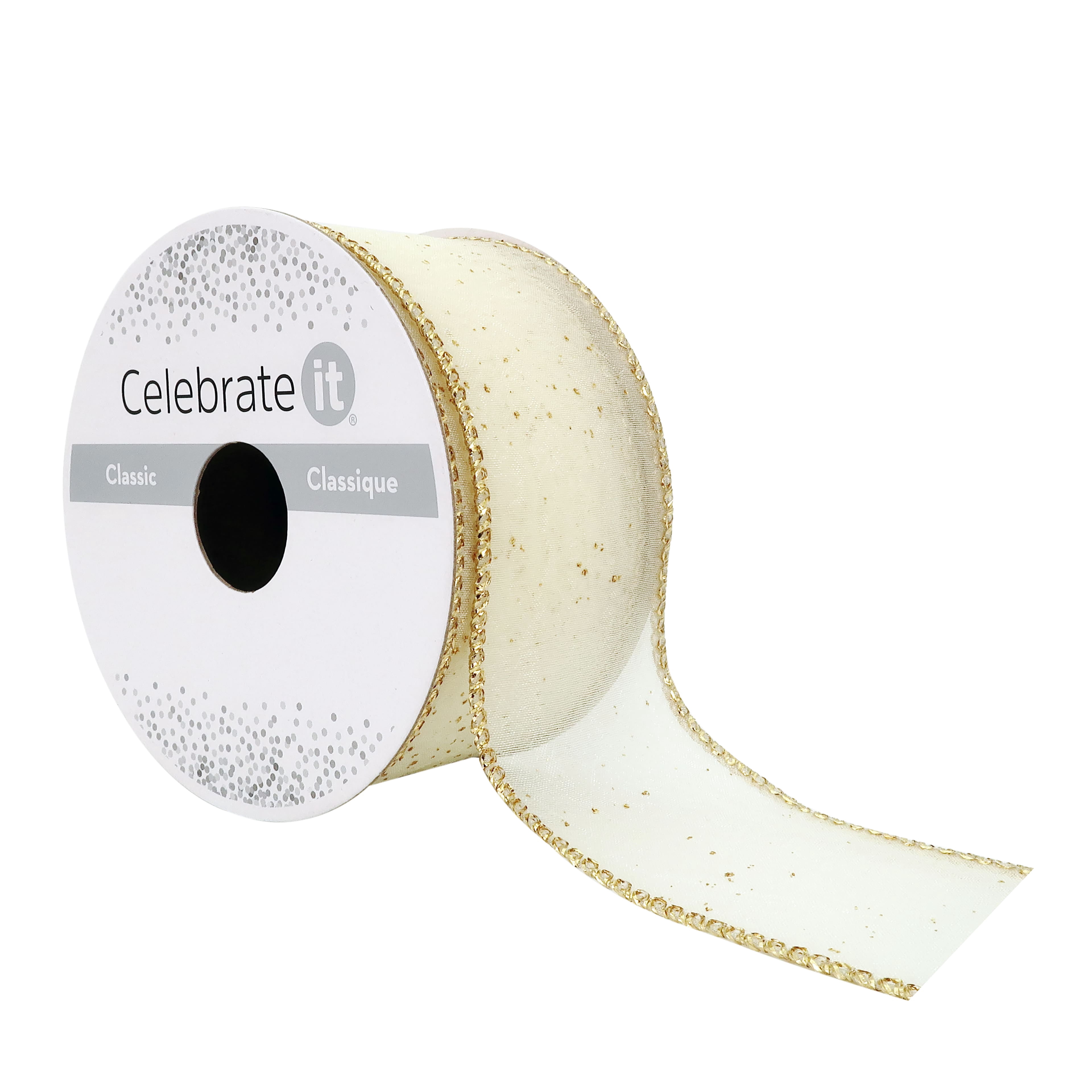 1.5" x 3yd. Sheer Wired Sparkle Ribbon by Celebrate It – Gold with Glitter Accents - Sewn Edge for Bows - Wreaths & Gift Wrapping - 12 Pack