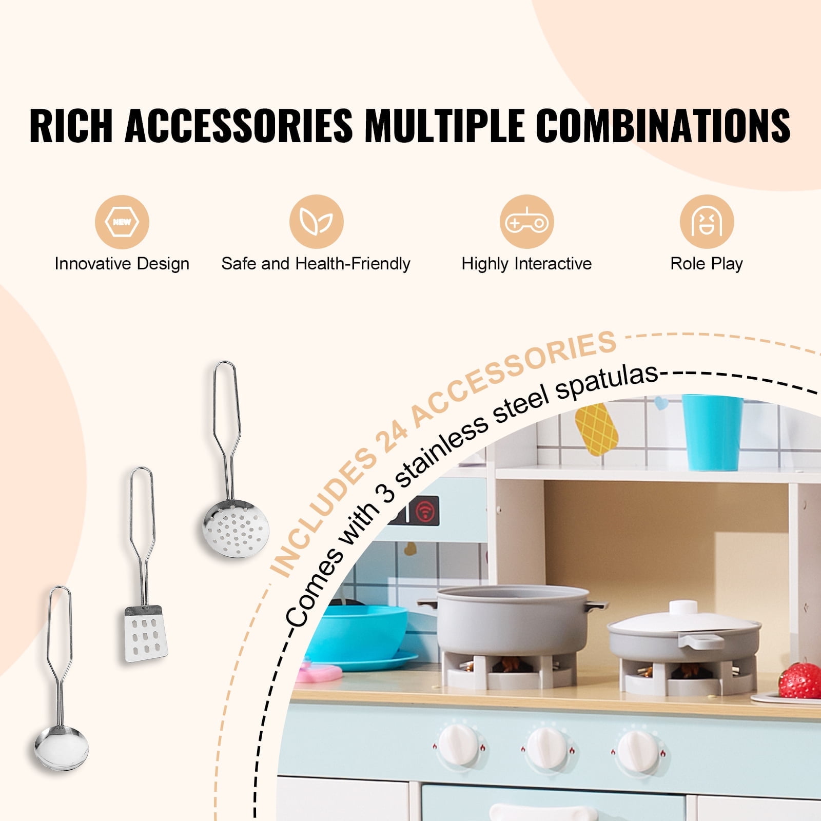 KFFKFF Wooden Play Kitchen Set for Kids, Interactive Toy Kitchen with Lights, Sounds, Ice Maker, Oven, Sink, Microwave, Fridge, and Accessories for Toddlers Ages 3-8, Pink