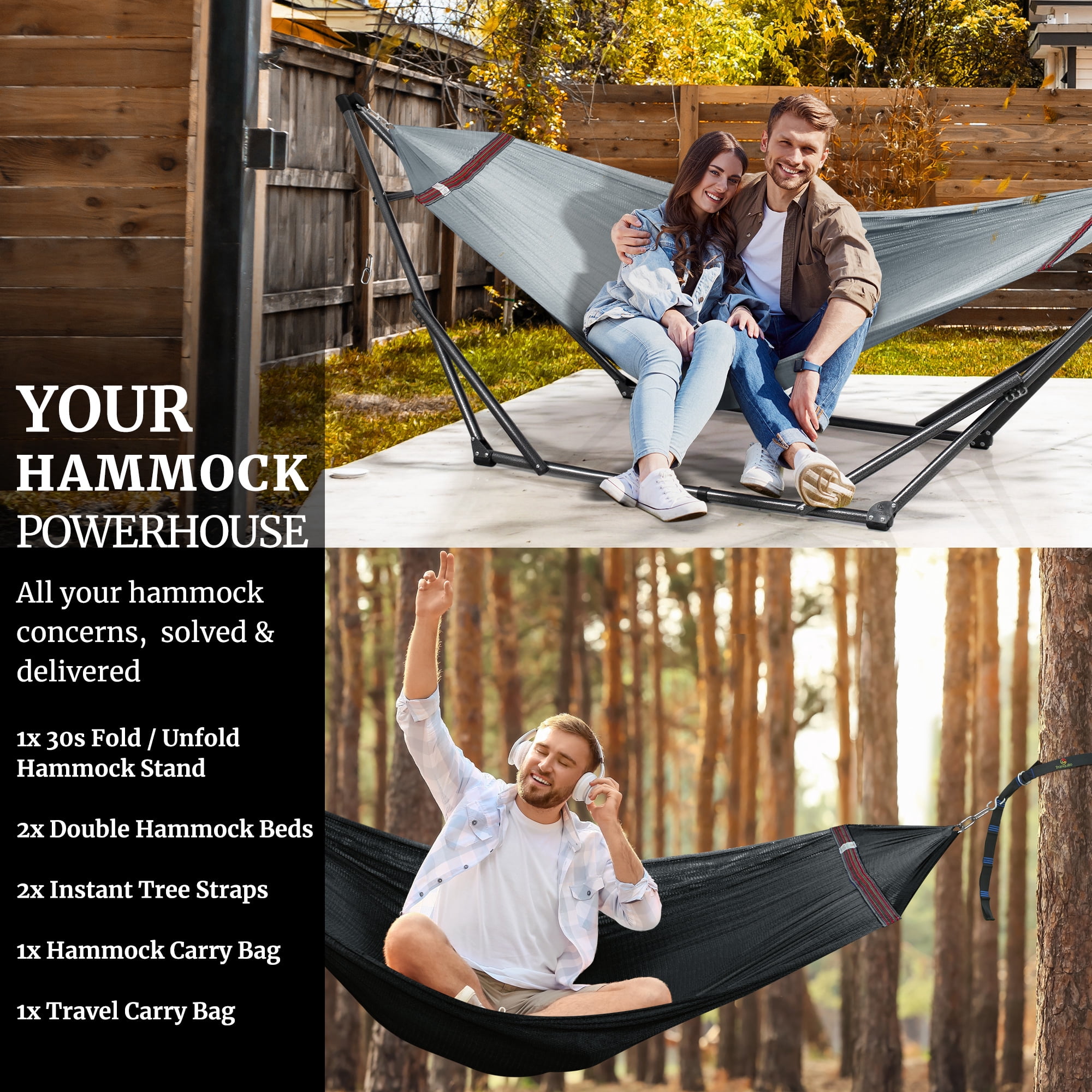 Tranquillo 600lb Capacity 2 Persons 2 Hammocks Included/Foldable Portable Hammocks with Stand, Tree Straps, Carry Bags for Garden Camping, Grey