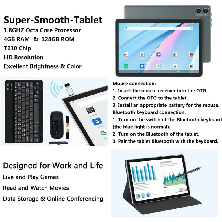 Tableta Android 13 de 10 pulgadas con teclado, 12 GB de RAM, 128 GB de ROM  512 GB expandir, Octa-Core, WiFi 5G/2.4G, pantalla IPS HD, Tablet PC de