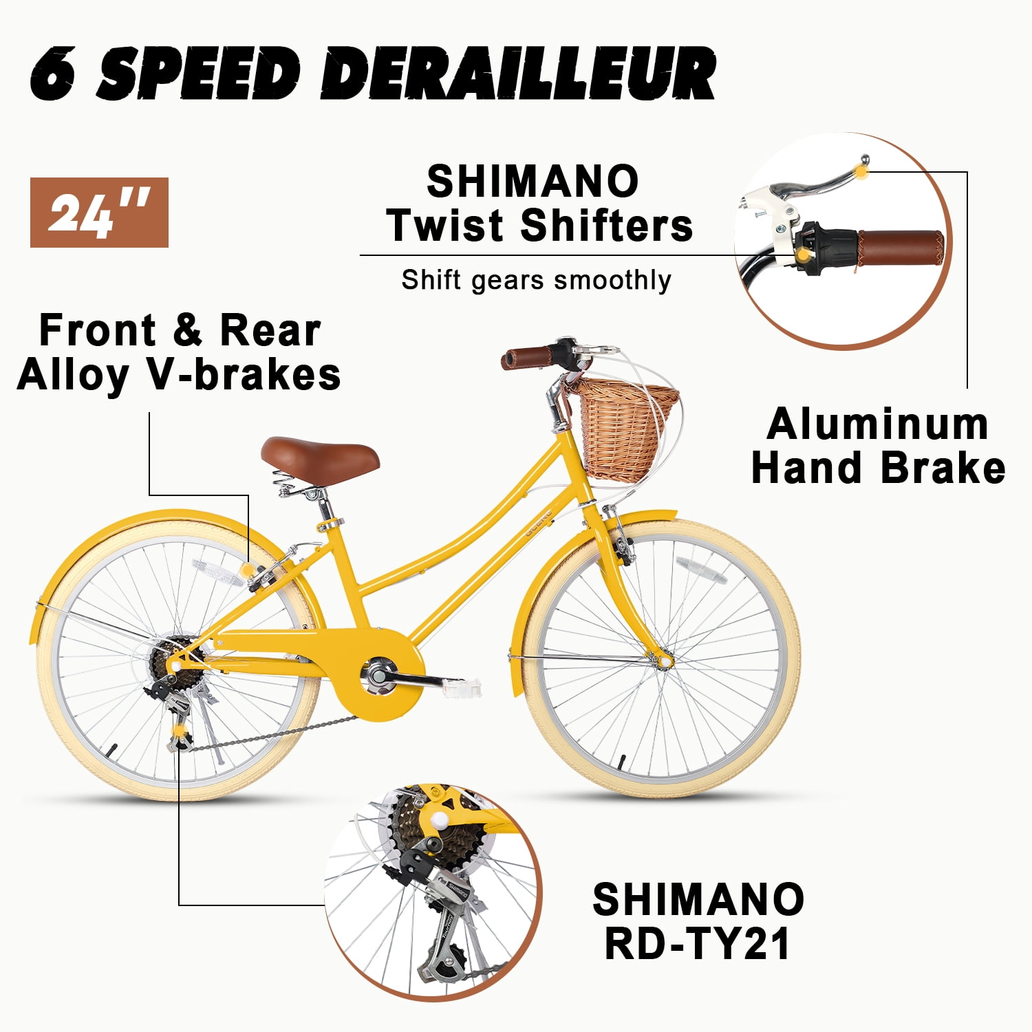 Glerc Missy 24 inch Girl Cruiser Kids Bike 6 Speed Teen Hybrid City Bicycle for Youth Ages 7 8 9 10 11 12 13 14 Years Old with Wicker Basket Lightweight Yellow Walmart