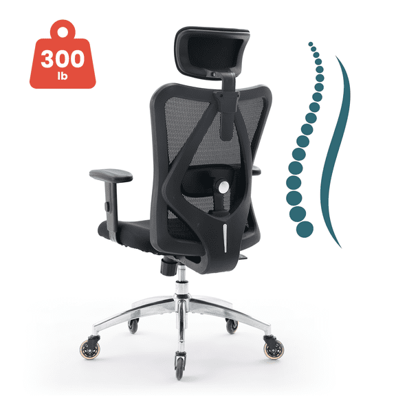 Sihoo M18 Ergonomic Office Chair, Mesh High Back, PU-Coated Casters, 2D Arm & Headrest, Desk Chair for Home Office & Gaming, Adult, 300lbs, Light Black