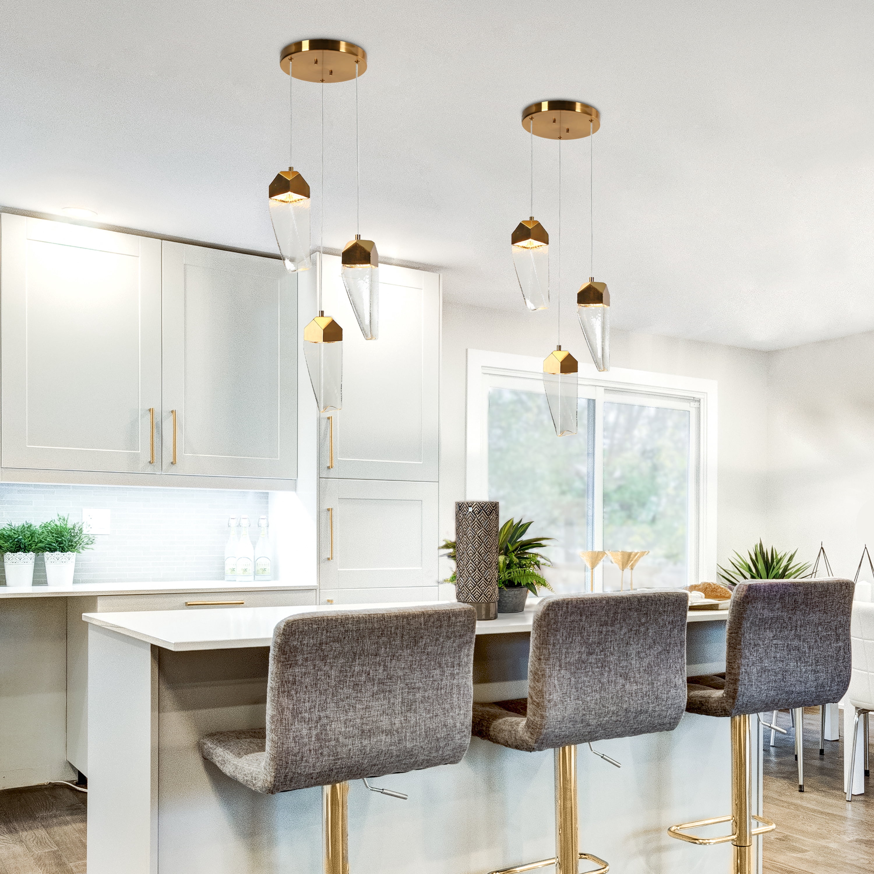 LNC Adonisior 3 -Light Polished Gold LED Crystal Clear glass Mixed material Chandelier