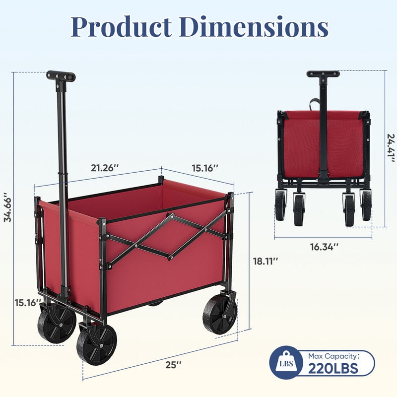 Gianna Small Folding Collapsible Wagon,220 LBS Utility Wagon Cart with Wheels, Adjustable Handle with Lightweight Design for Outdoor Beach Camping, Red