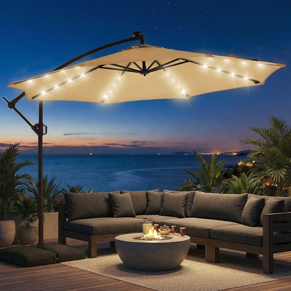 Patbrela 10ft Offset Patio Umbrellas (Includes Base) Outdoor Cantilever Hanging Umbrella with Infinite Tilt, for Yard, Garden, Beach, Pool & Deck, Beige