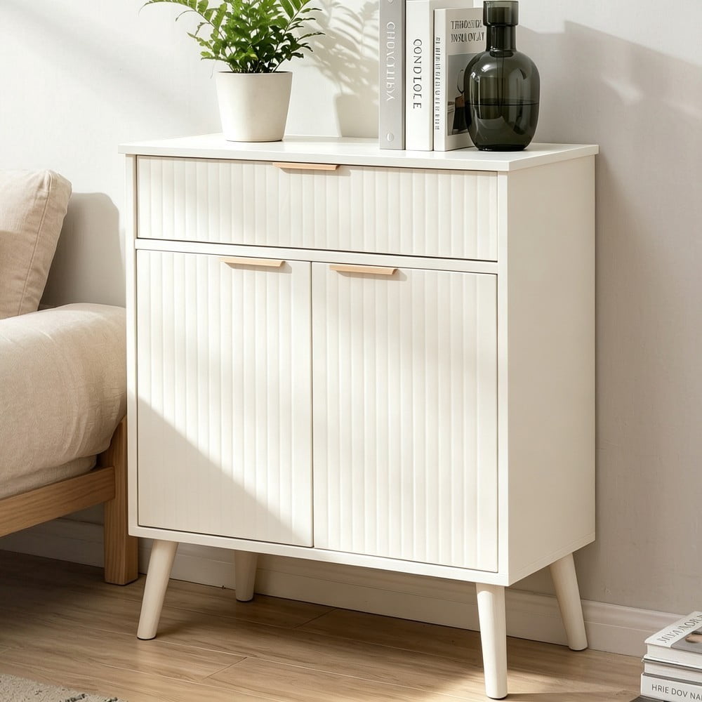 Kitchen Storage Cabinet, Buffet Cabinet with 2 Doors & Drawer, Adjustable Shelves, Wood Sideboard with Solid Wood Legs, White