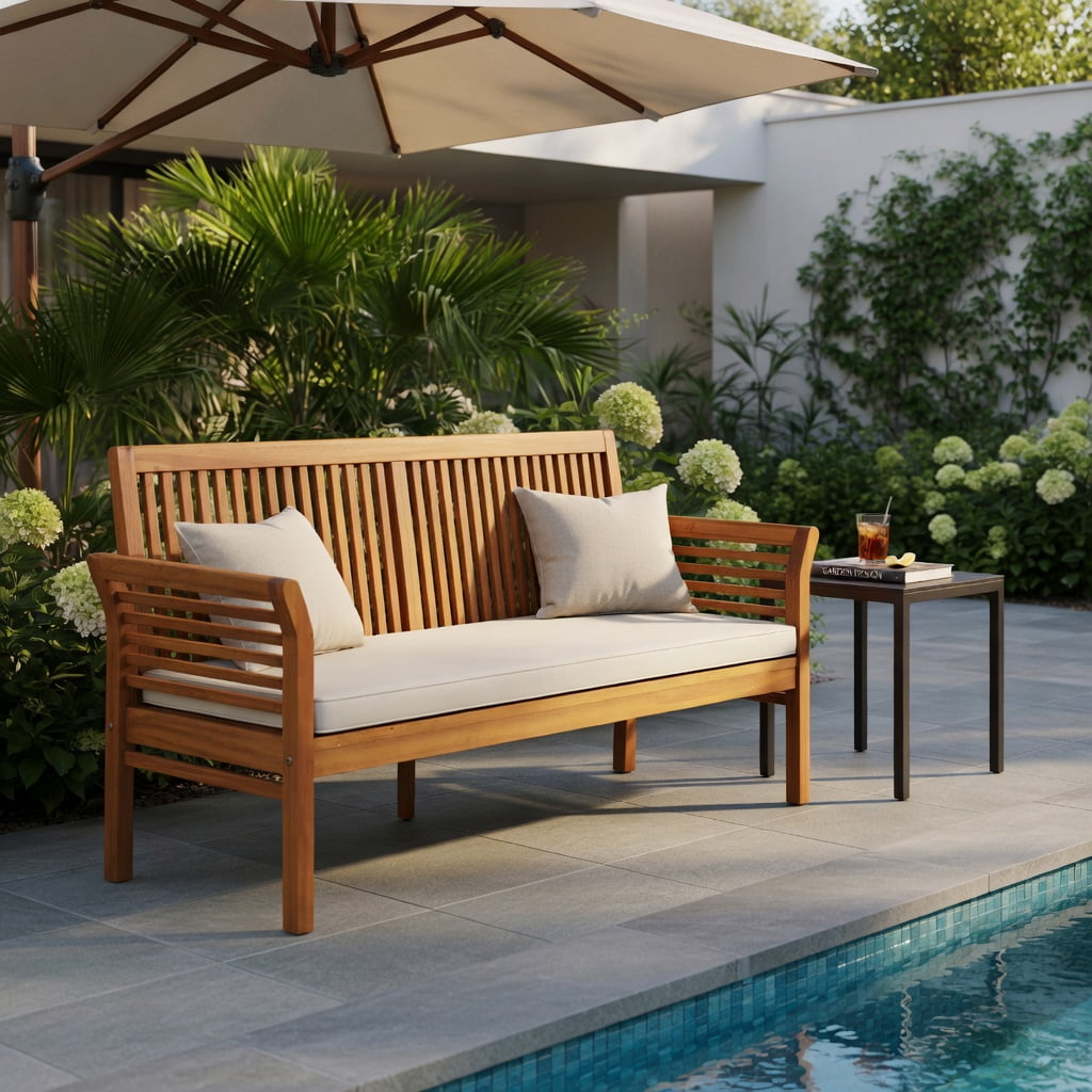 Hommoo 3-Seat Acacia Wood Patio Bench with Off-White Cushions, 62.5" Outdoor Garden Bench for Backyard, Porch & Deck, Natural