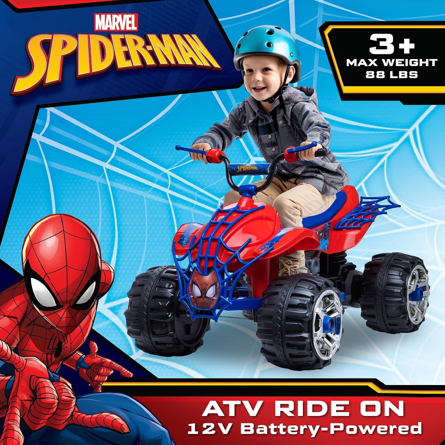 Kid Trax Marvel Spiderman Toddler ATV Ride On Toy, 12 Volt Battery, 3-7 Years, Max Rider Weight 88 lbs, Spider-Man Blue