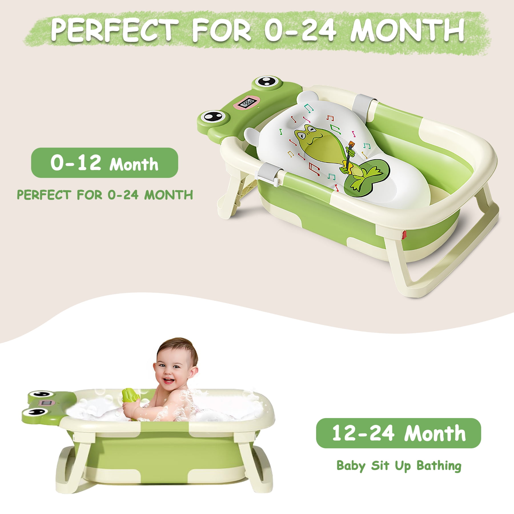 Baby Bathtub, Collapsible Newborn Bathtub for Infant to Toddler 0-12 Months with Soft Cushion+Baby Tub Sling and Thermometer, Portable Travel Bathtub, Foldable Infant Bathtub with No-Slip Feet, Green