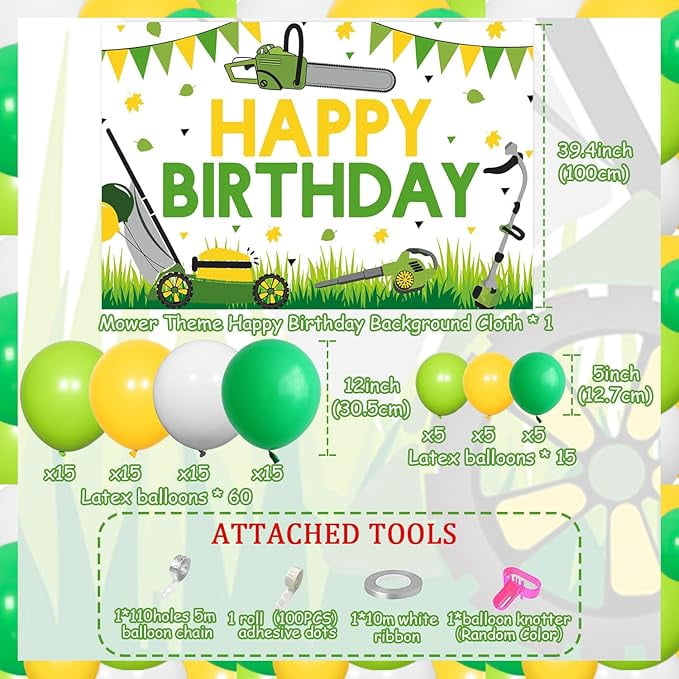 80Pcs Lawnmower Birthday Party Decoration, Green Tractor Party Decor with Mower Backdrop Happy Birthday Green Balloon Garland Arch Kit for Boys Farm Themed Tractor Time Party Supplies