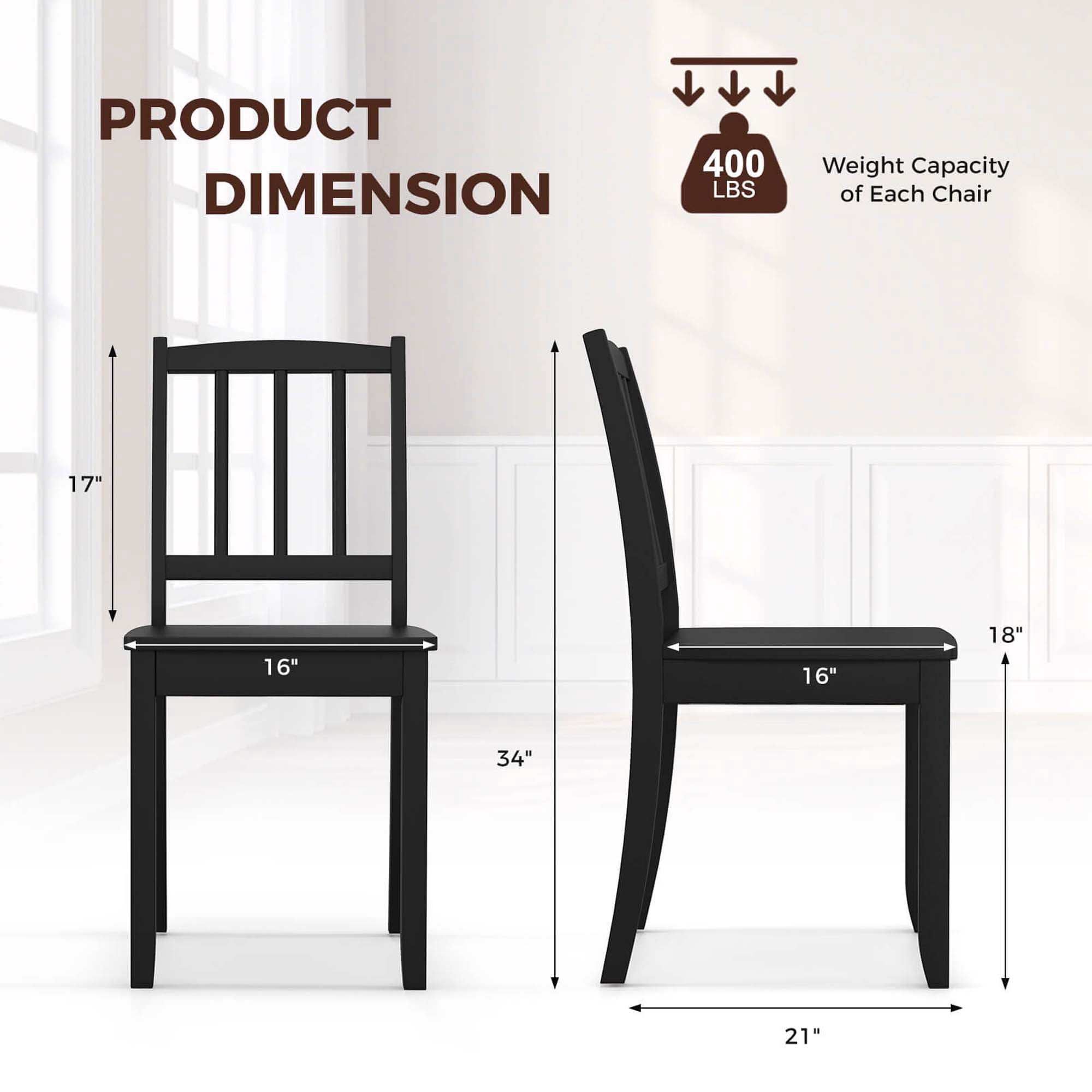 Costway Wood Dining Chair Set of 2 with Rubber Wood Legs Curved Backrest for Kitchen Black