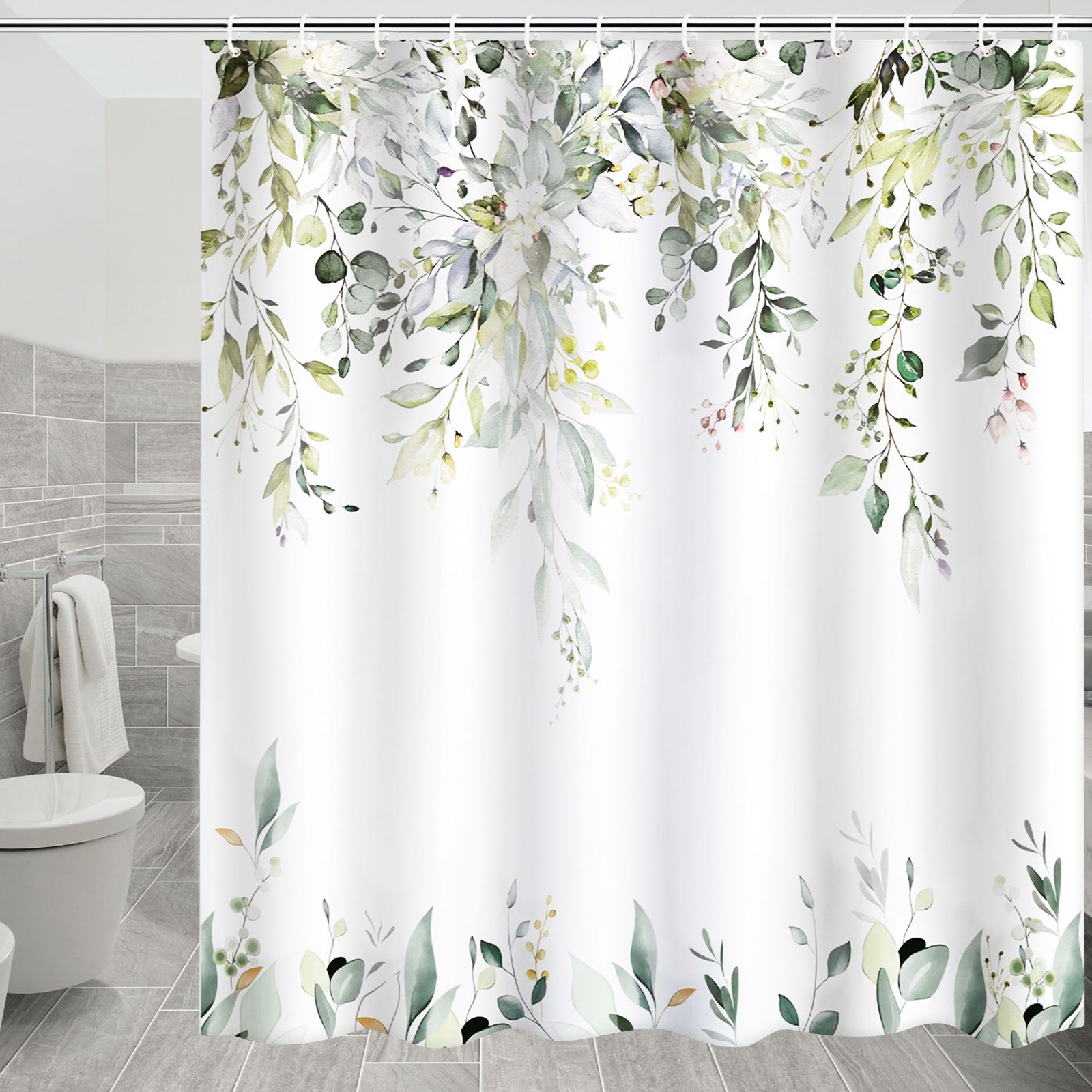 Dznils Green Eucalyptus Watercolor Floral Shower Curtain, 72x72" photo 8